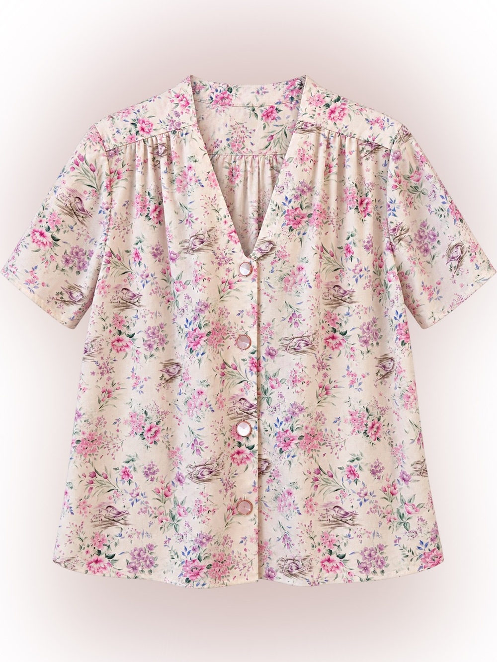 Homemade Vintage Floral Short-Sleeve Button Front Top - Cream with Pink Floral